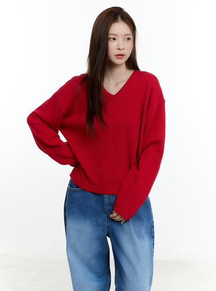 cozy-relaxed-fit-v-neck-sweater-cm521 / Red