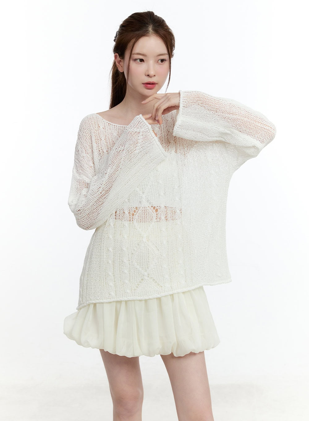 cable-knit-sheer-loose-fit-sweater-cm521 / White