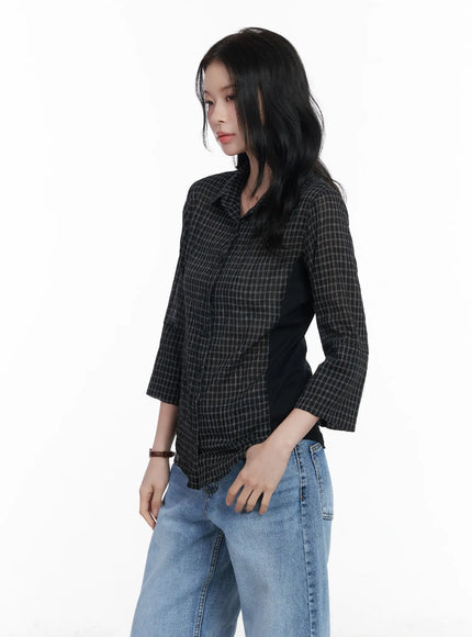 slim-fit-checkered-3-4-sleeve-shirt-ca510 / Black