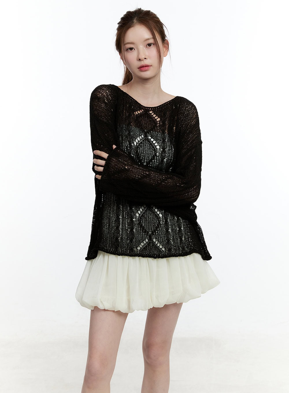 cable-knit-sheer-loose-fit-sweater-cm521 / Black