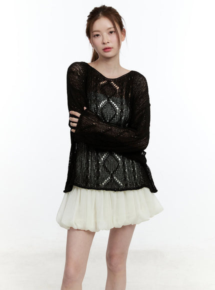 cable-knit-sheer-loose-fit-sweater-cm521 / Black