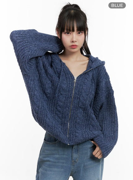 oversized-cable-knit-hooded-sweater-os410 / Blue