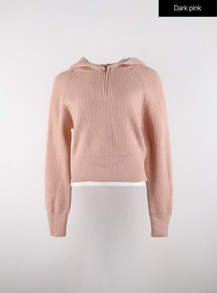long-sleeve-solid-zipper-pocket-knit-hoodie-od320 / Dark pink