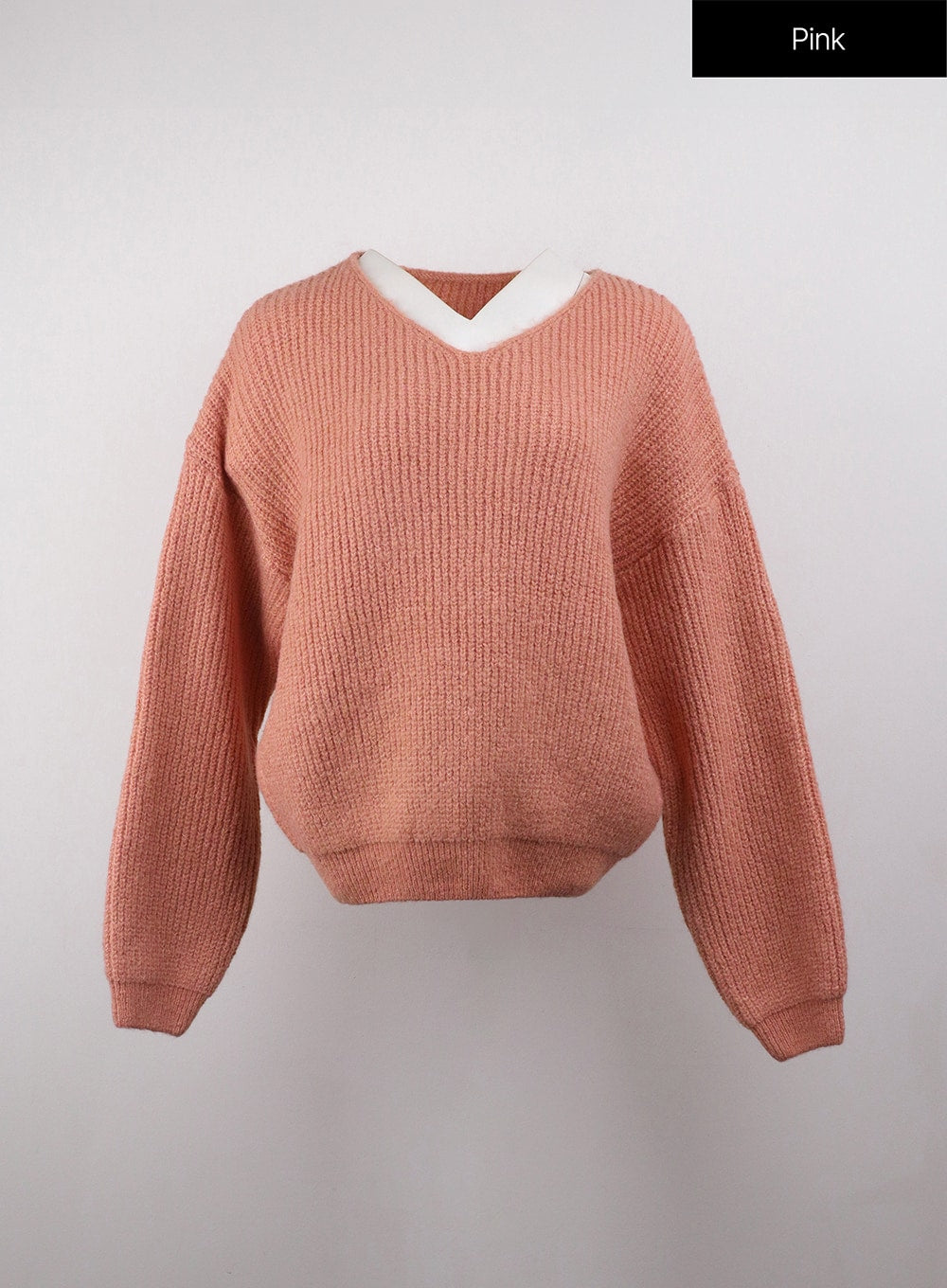 oversized-v-neck-solid-long-sleeve-sweater-oj411 / Pink