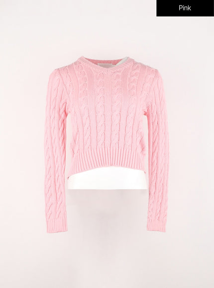 cable-knit-v-neck-sweater-in301 / Pink