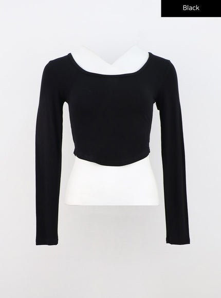 basic-u-neck-long-sleeve-crop-tee-cn303 / Black