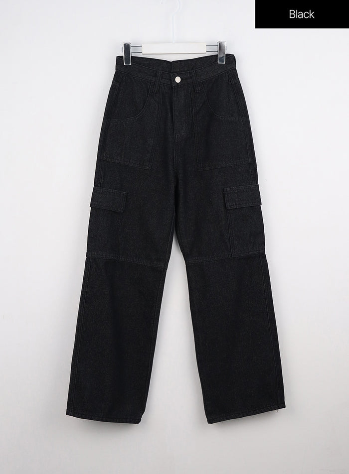 wide-leg-cargo-pocket-jeans-io317 / Black