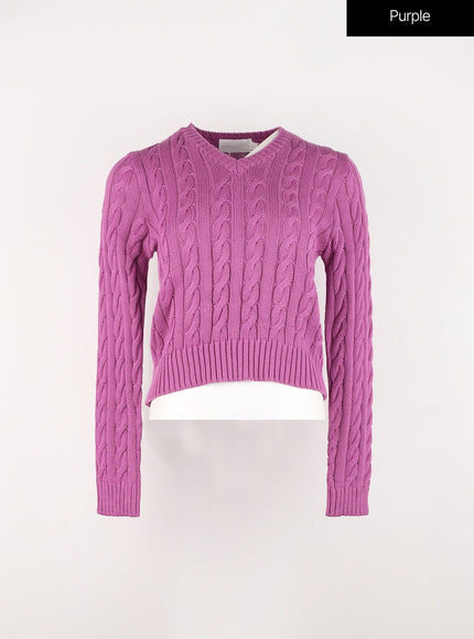 cable-knit-v-neck-sweater-in301 / Purple