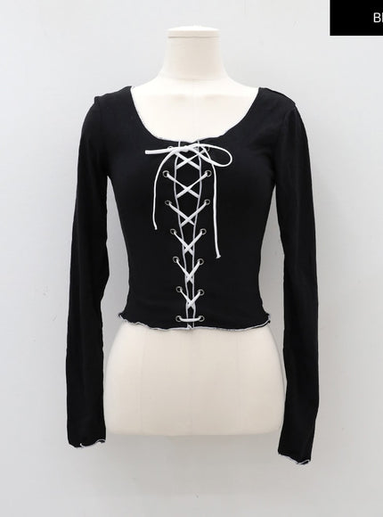 Cropped Long Sleeve Top with Front Lace Detail C1703