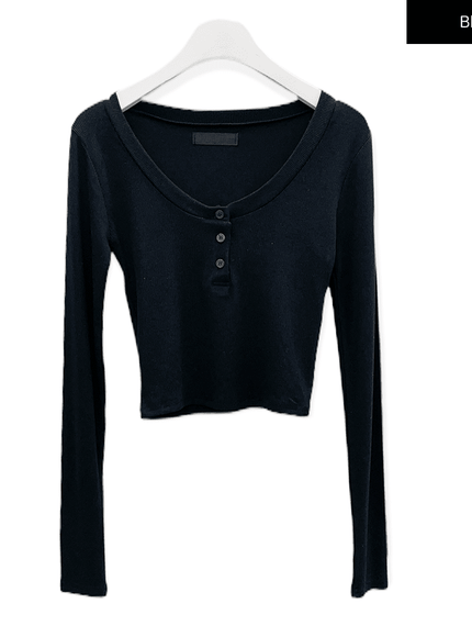 Scoop Neck Long Sleeve T Shirt with Front Buttons CM2