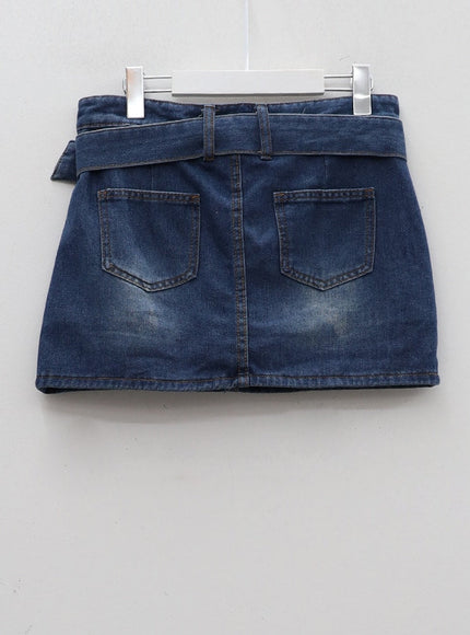 Low-Rise Bleached Denim Skorts and Belt Set CM02