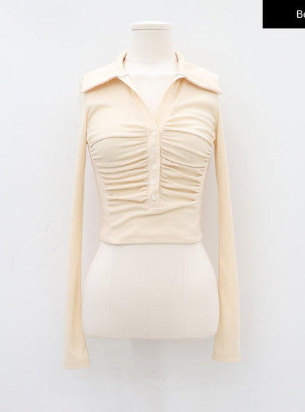 Open Collar Shirring Long-sleeve Top CA01