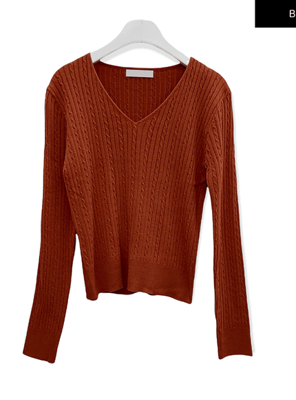 V Neck Cable Knit Top C2701