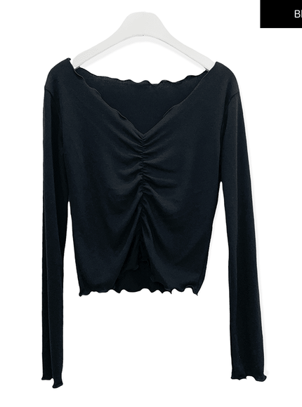 Cropped Long Sleeve Top with Front Shirring C2701