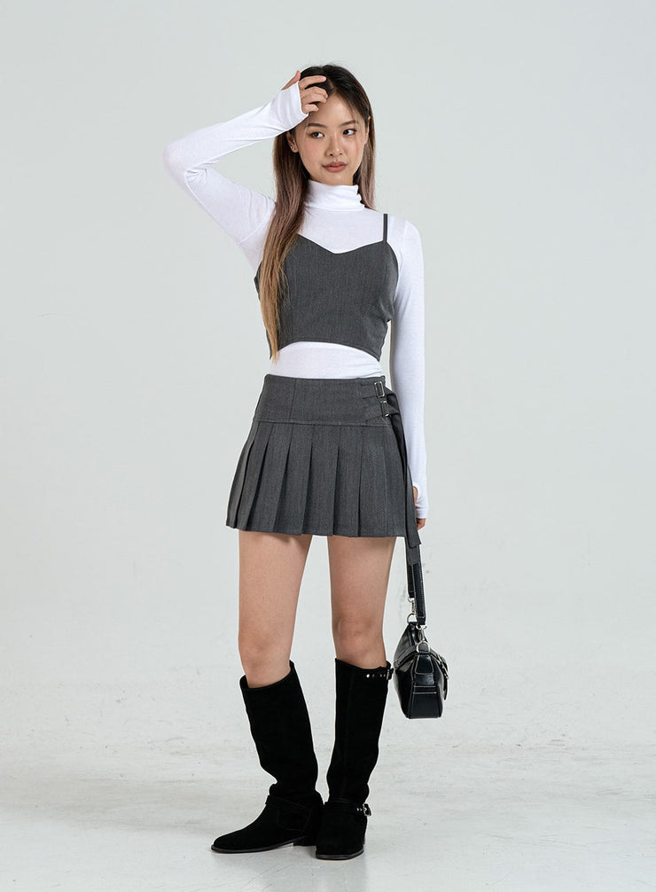 Pleated Side Belt Mini Skirt CO12