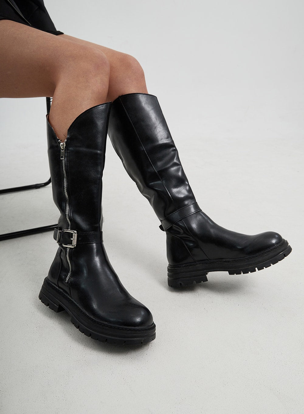 Faux Leather Buckle Zip-Up Knee High Boots CJ313