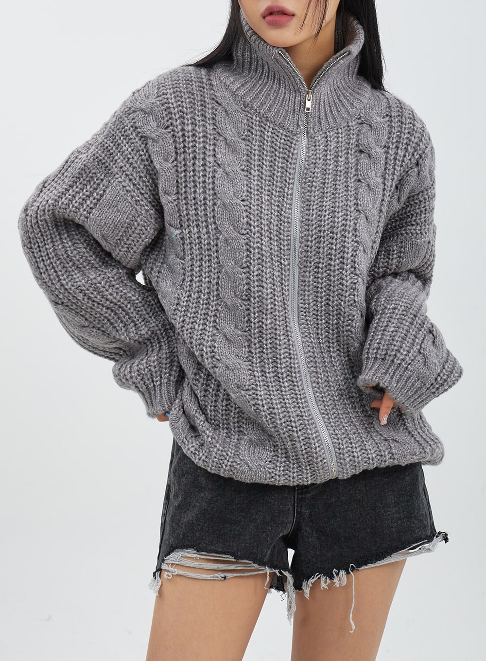 Cable Knit Oversized Zip-Up Sweater CJ317