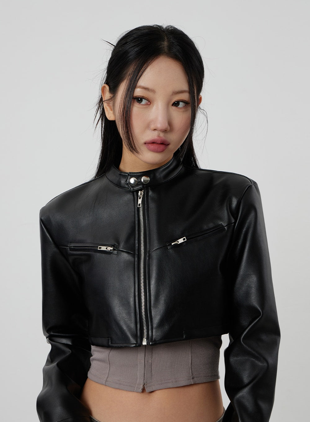 Faux Leather Cropped Zip-Up Jacket CF301