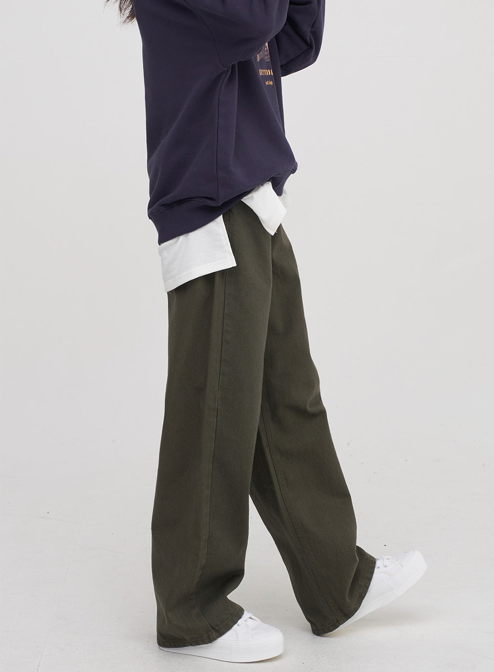 Side Button Wide Cotton Trousers