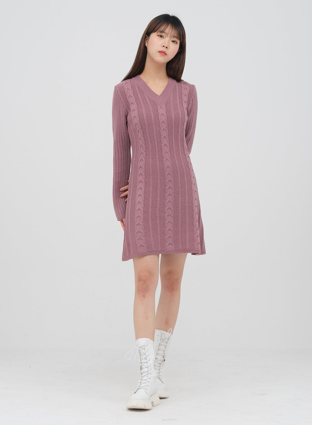 V Neck Cable Knit Mini Dress #OU-B0301001
