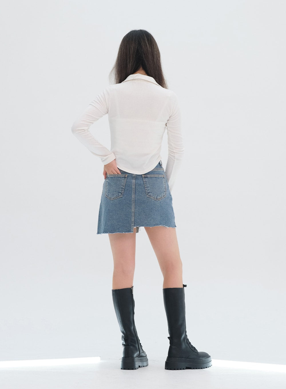 Frayed Hem High-Low Denim Skirt