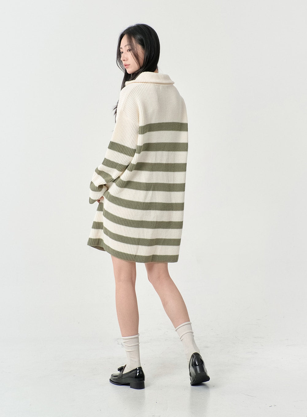 Two Tone Stripe Half Zip-Up Midi Knit Dress OS05
