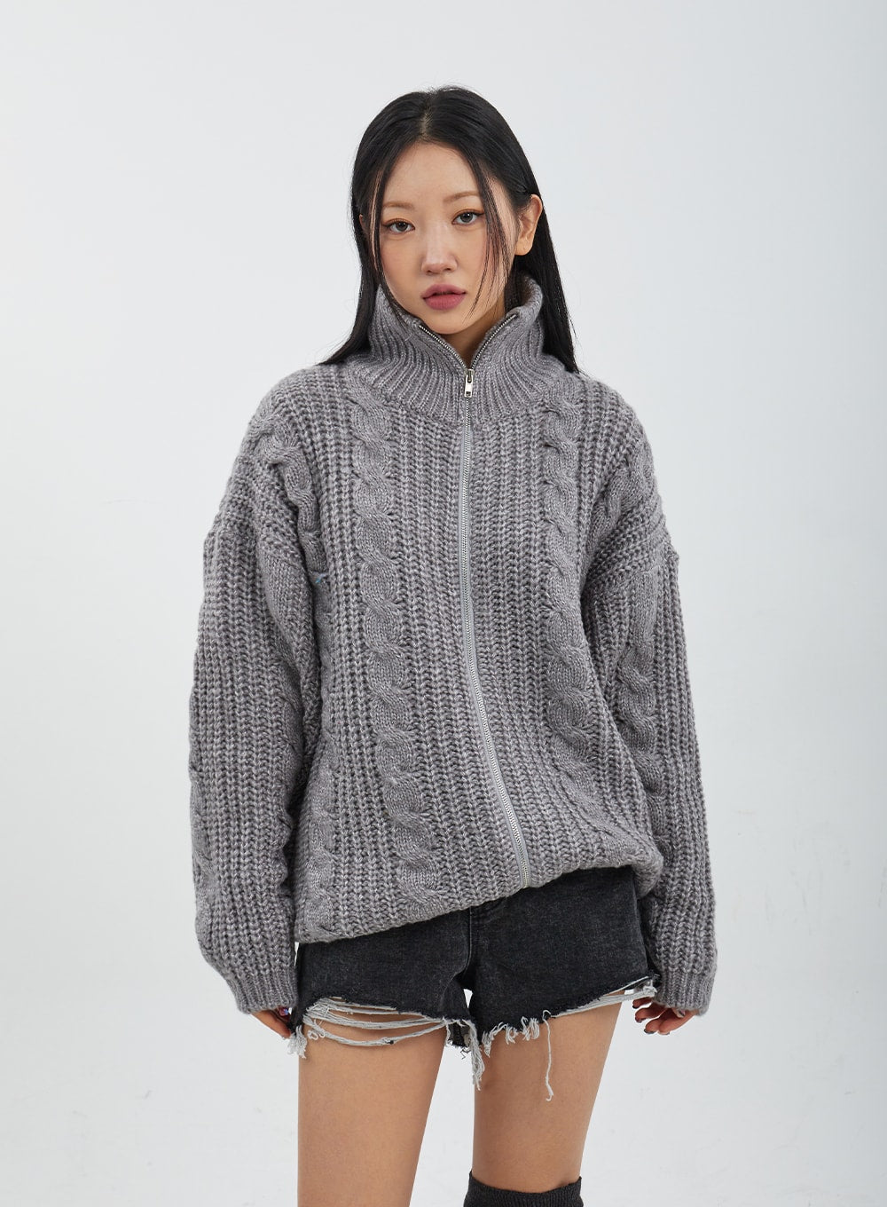 Cable Knit Oversized Zip-Up Sweater CJ317