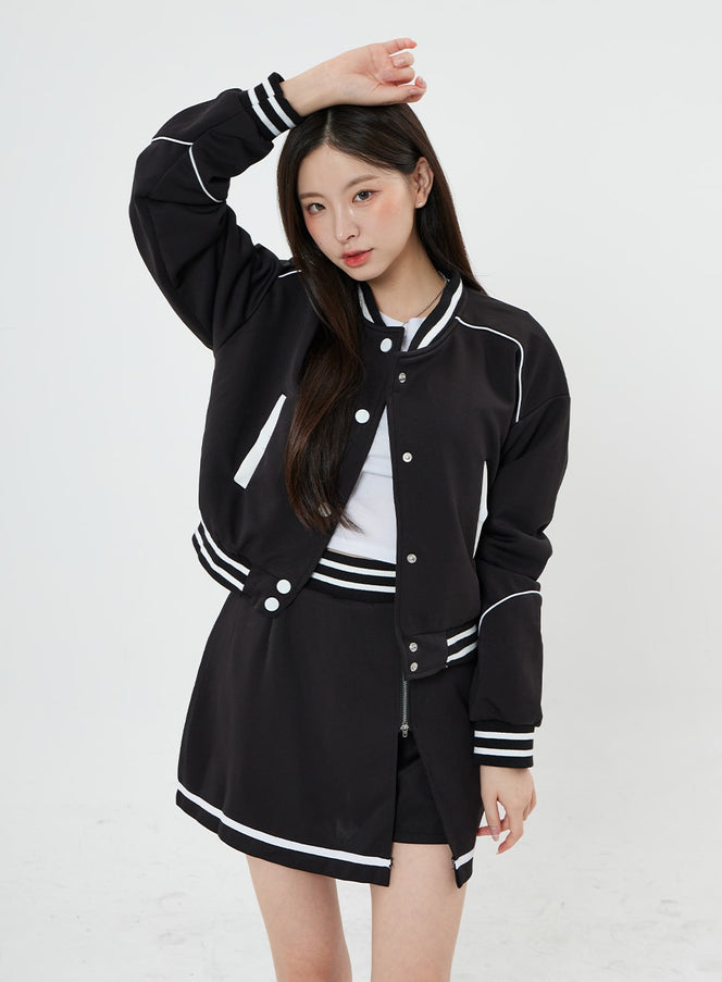 Two Color Sporty Button Jacket And Mini Skirt Set BO20