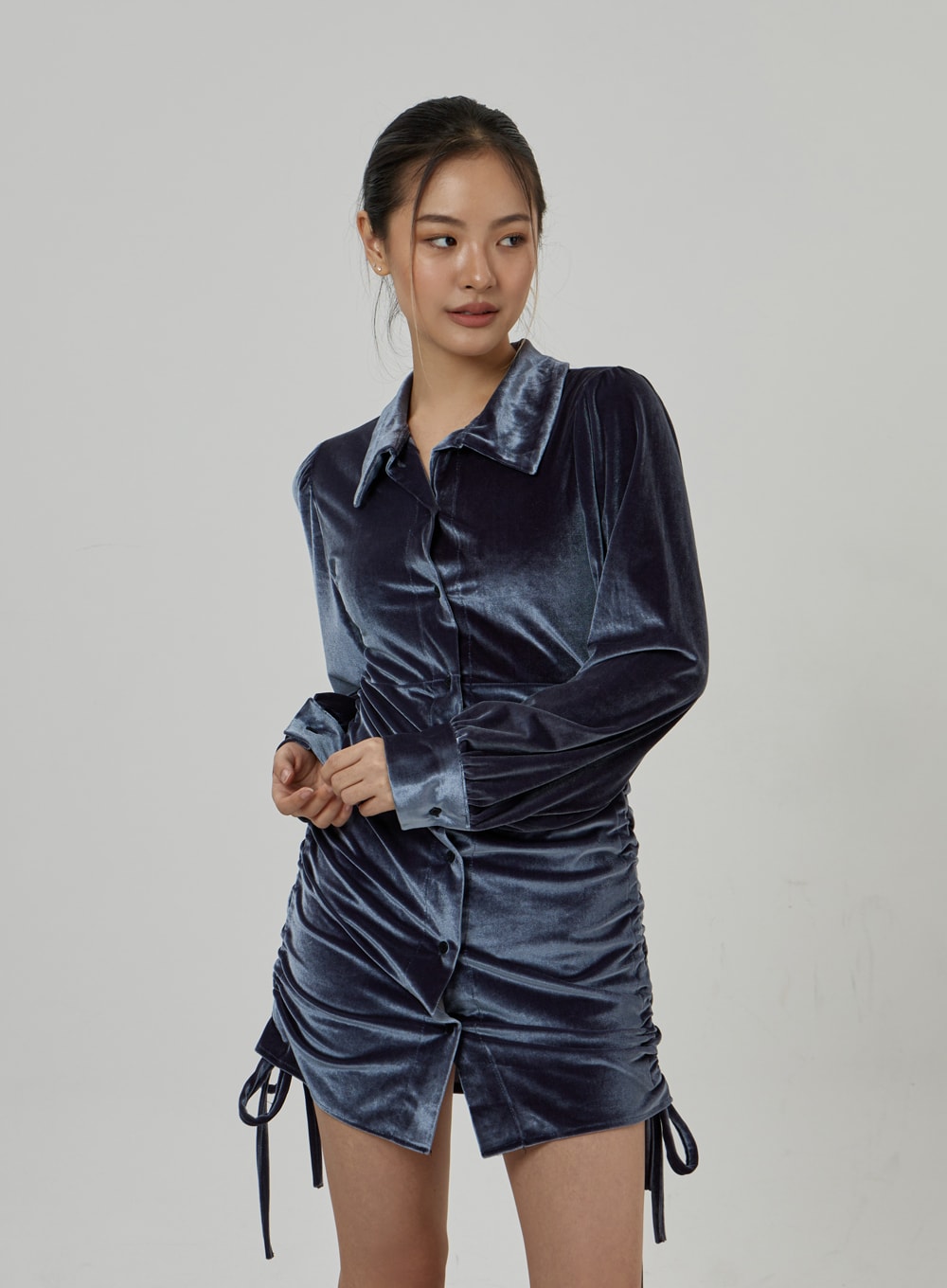 Side Tie Ruching Velvet Long Sleeve Mini Dress CD23