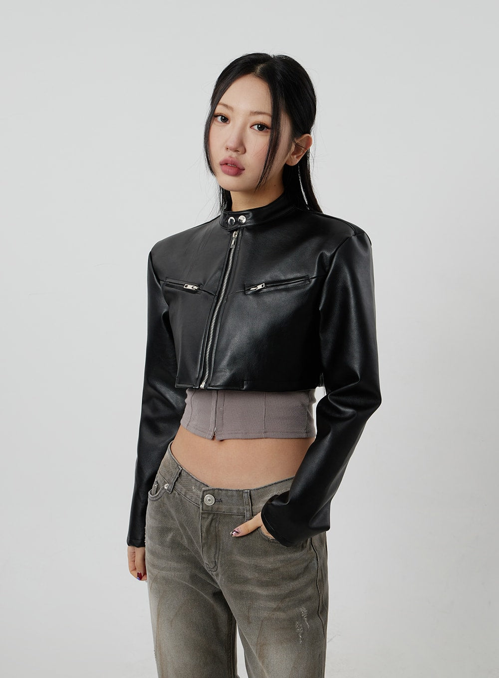 Faux Leather Cropped Zip-Up Jacket CF301
