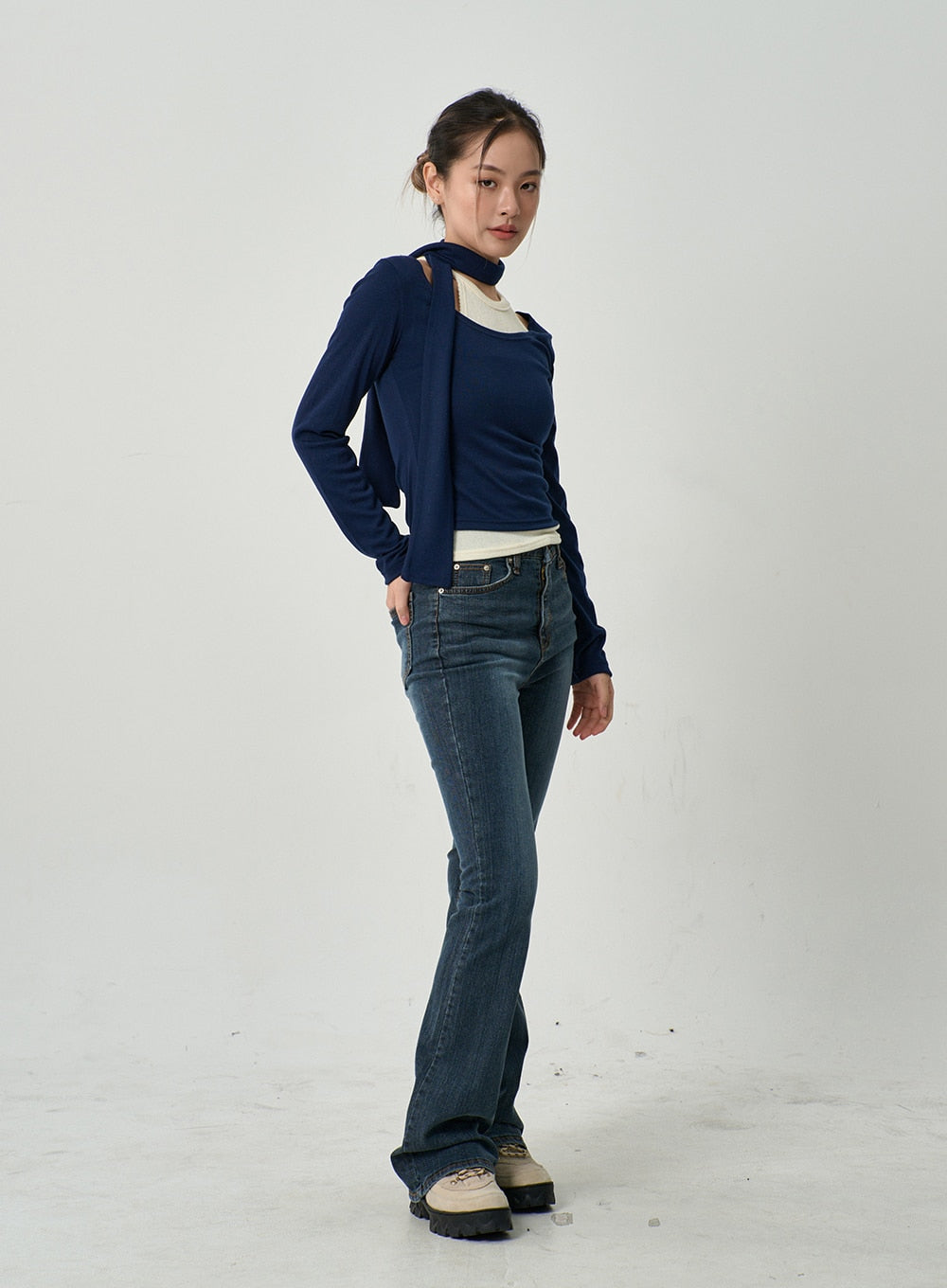 U-Neck Long Sleeve Top And Scarf Set CD19