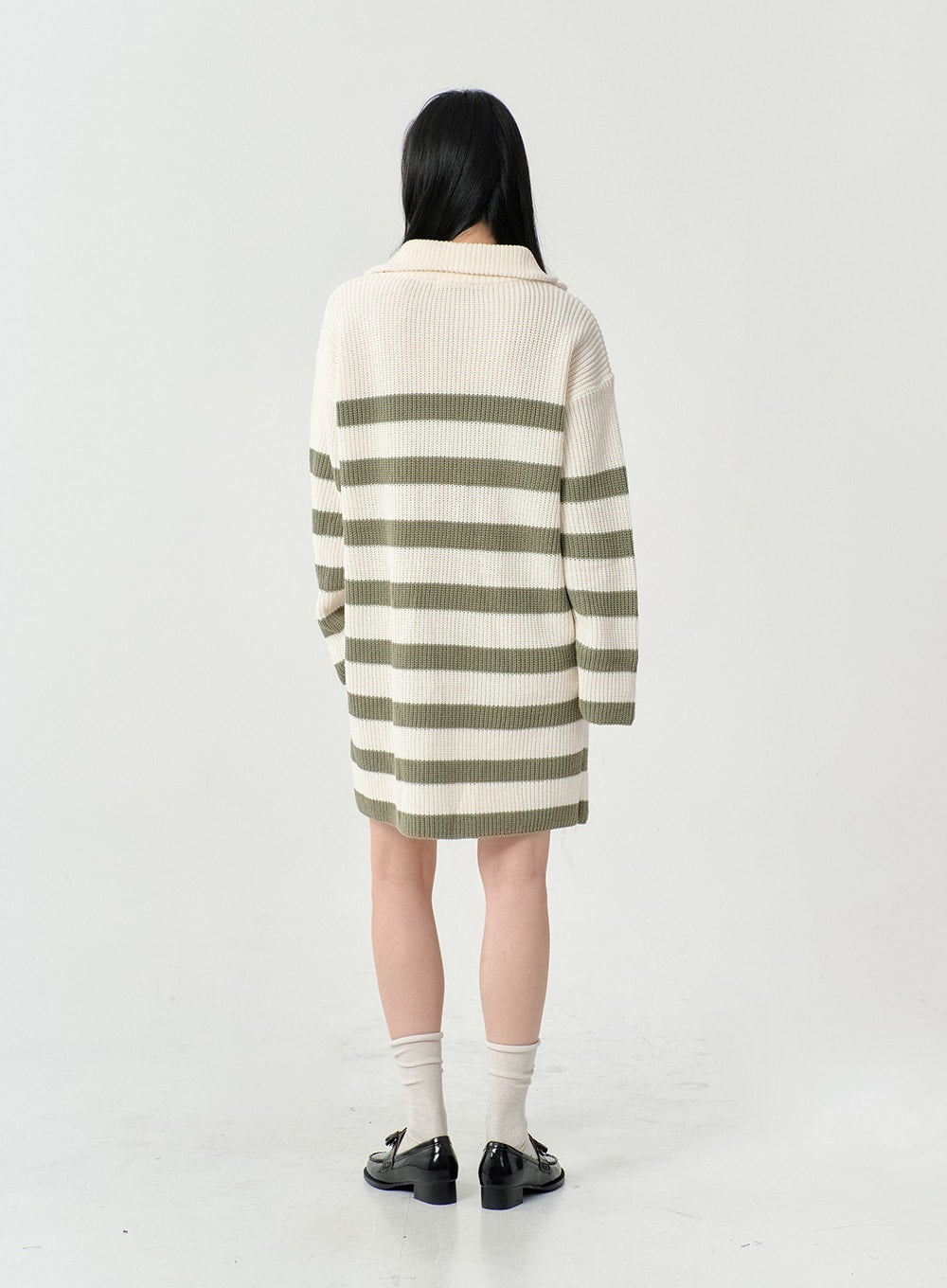 Two Tone Stripe Half Zip-Up Midi Knit Dress OS05