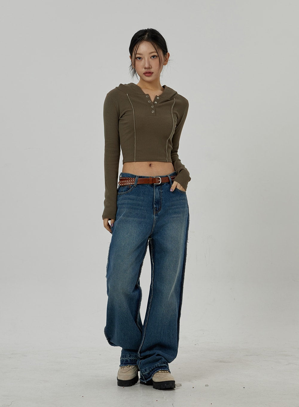 Button V-Neck Hoodie Cropped Top CD20