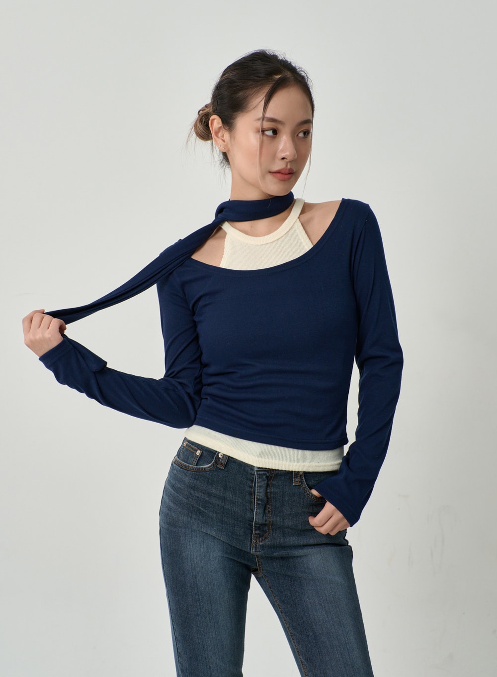 U-Neck Long Sleeve Top And Scarf Set CD19