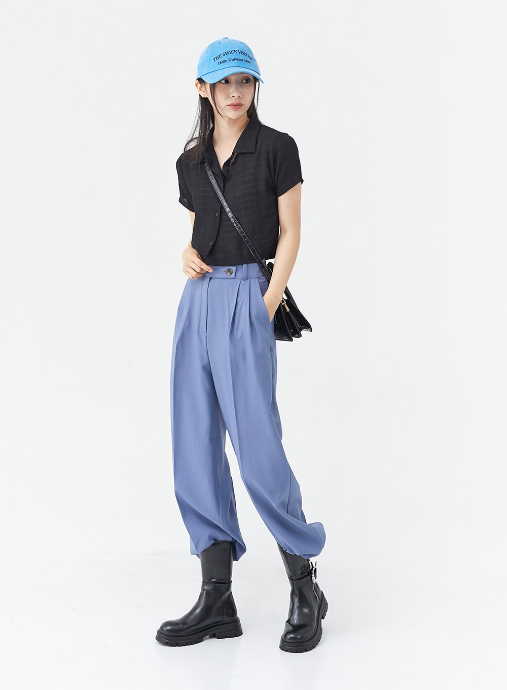 Cool Wrinkle Cropped Blouse with Collar OG12
