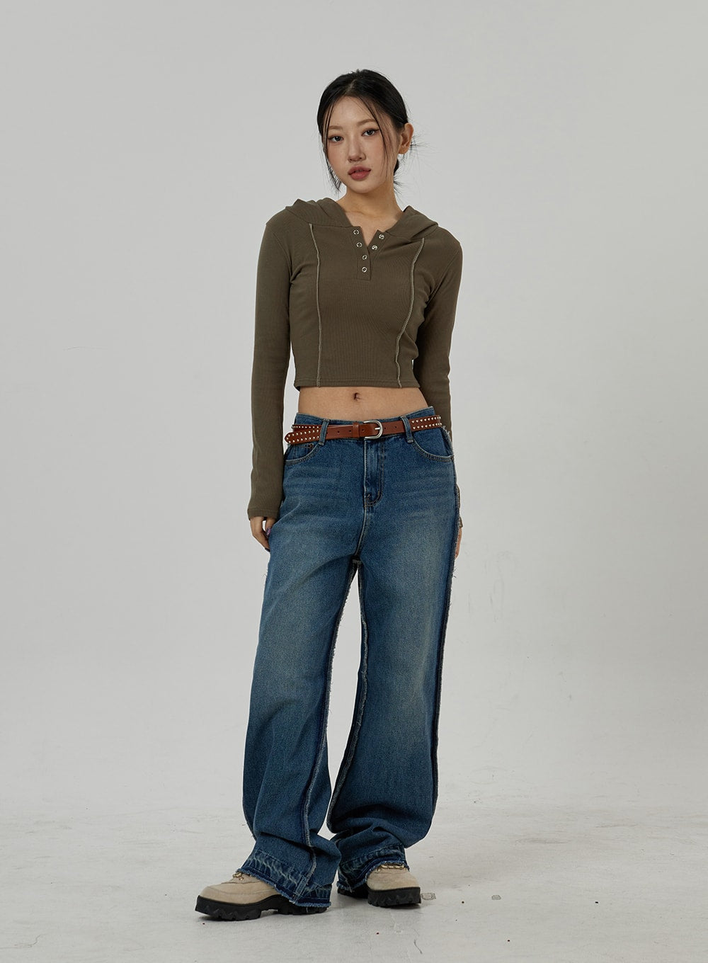 Button V-Neck Hoodie Cropped Top CD20