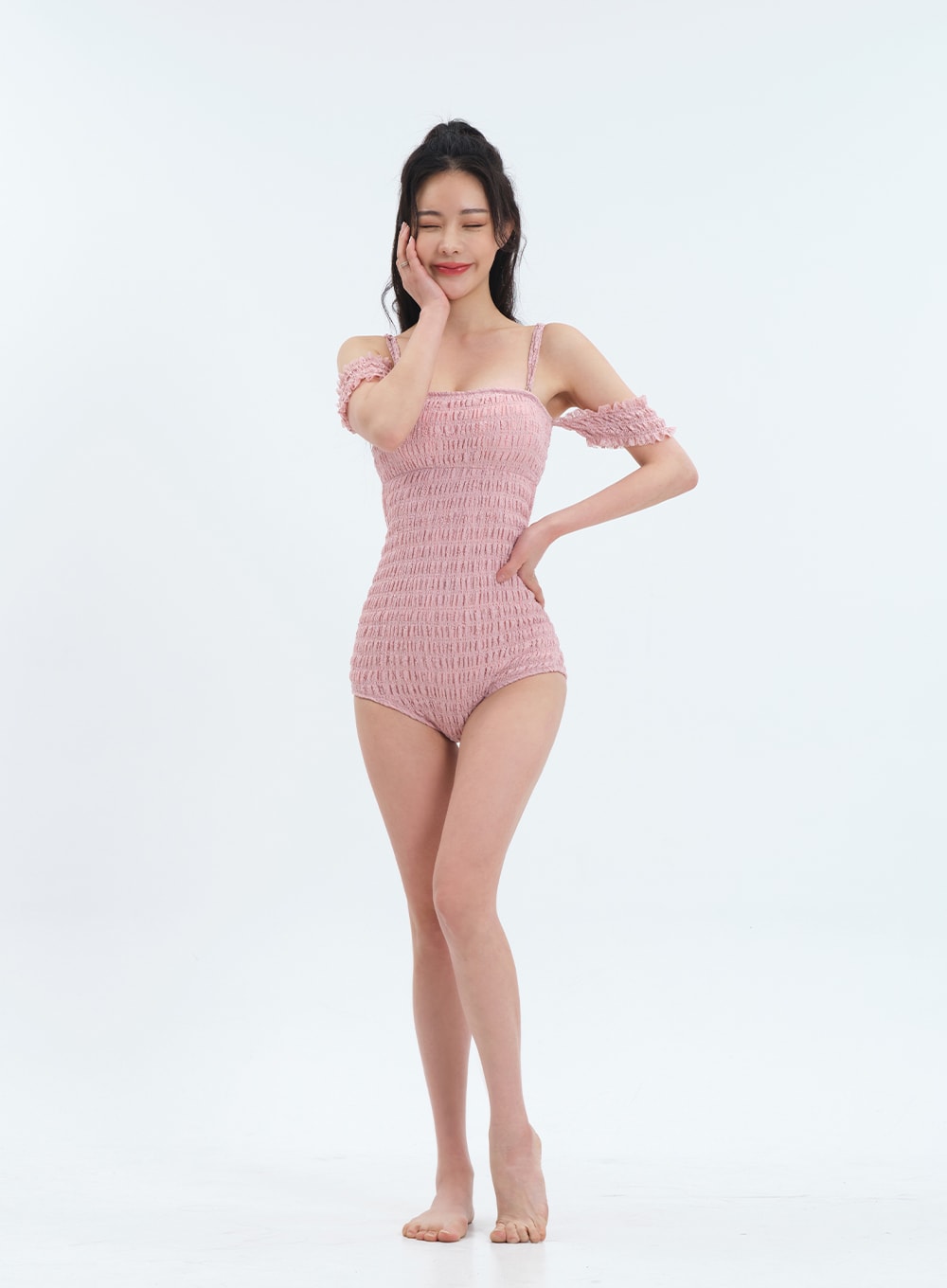 Off the Shoulder Shirring Detail One Piece Swimsuit