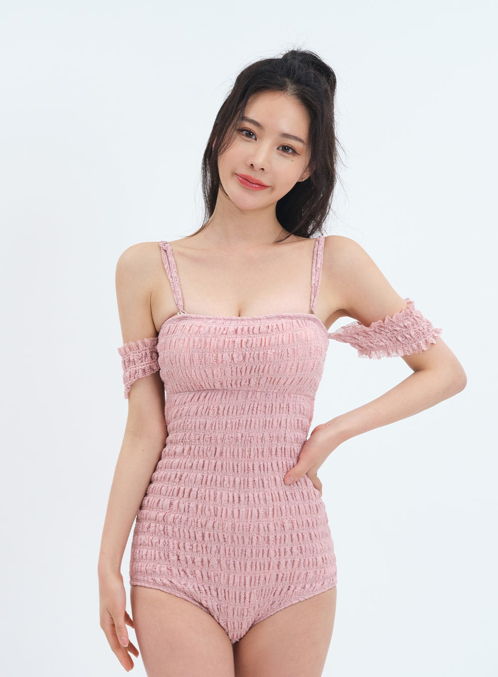 Off the Shoulder Shirring Detail One Piece Swimsuit