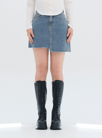 Frayed Hem High-Low Denim Skirt