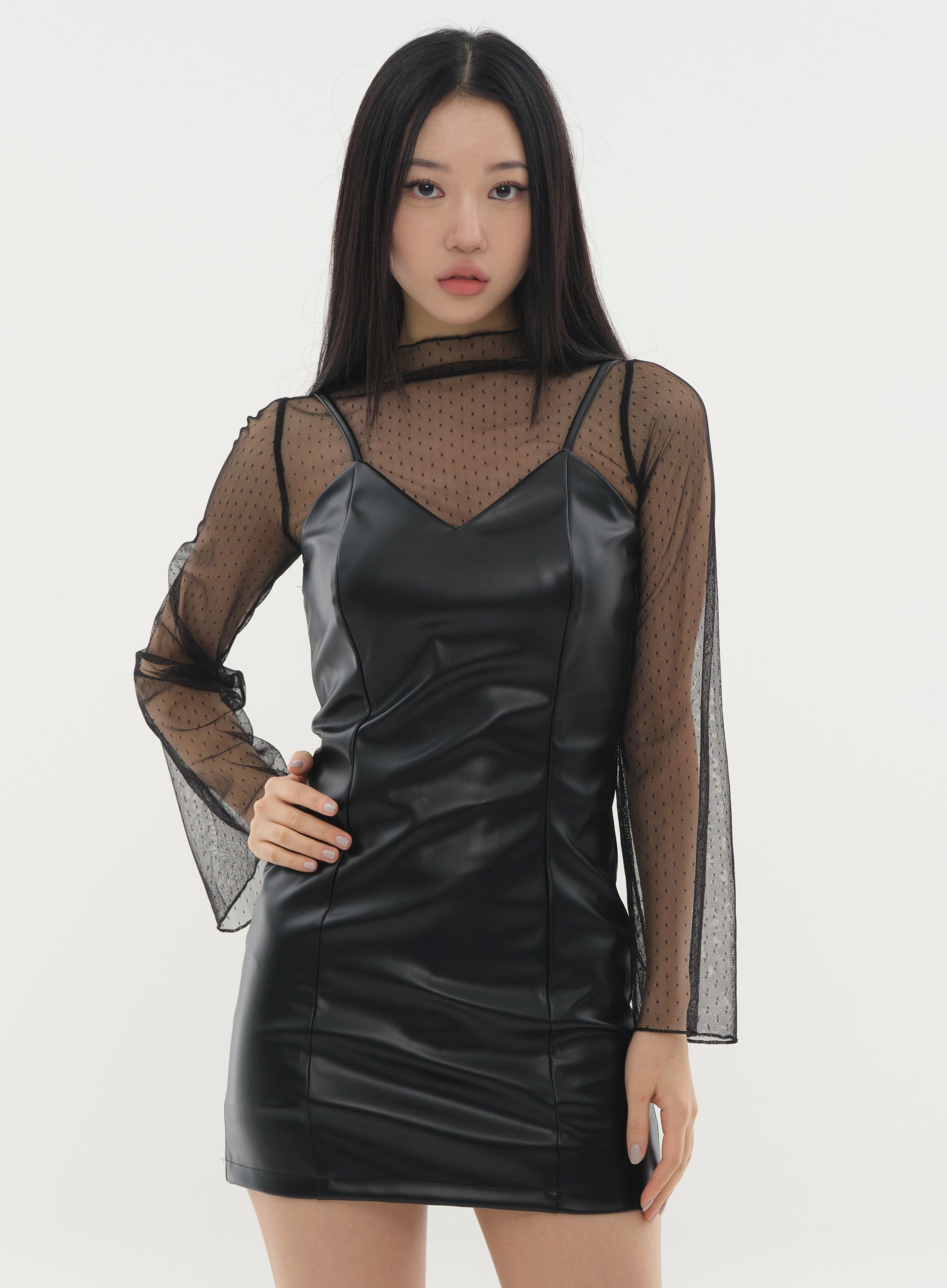 Faux Leather Strap Mini Dress #Original Kpop #121641