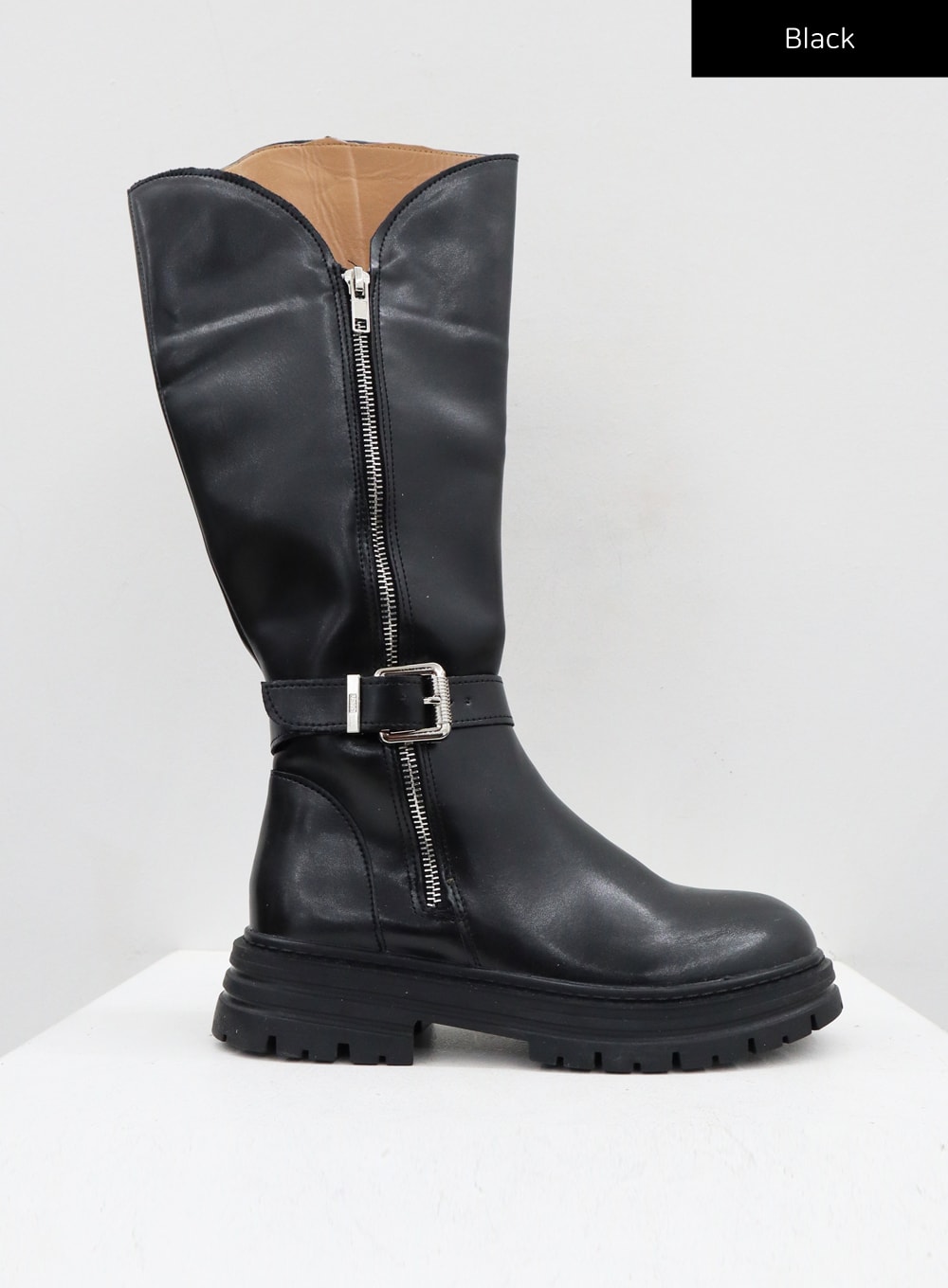 Faux Leather Buckle Zip-Up Knee High Boots CJ313